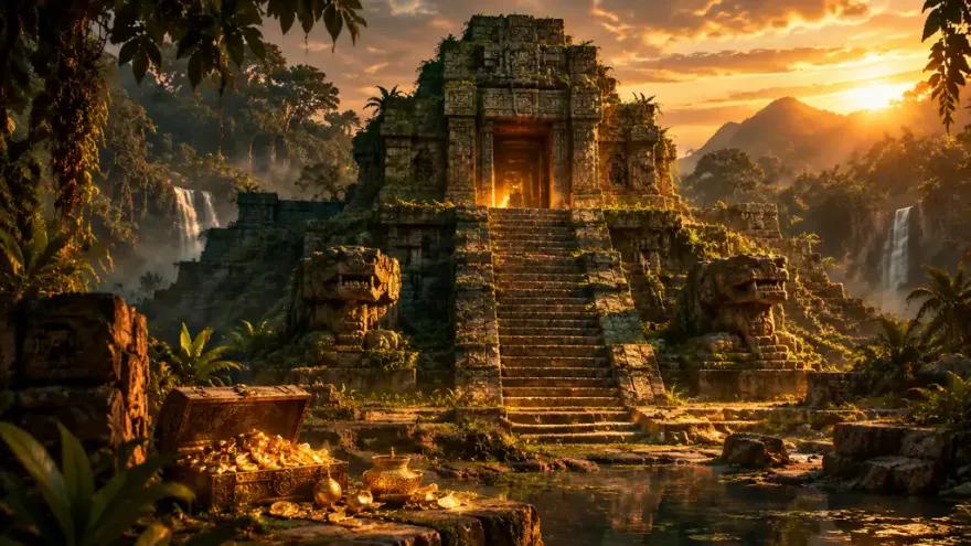 Ancient Aztec stone temple ruins at dusk with golden treasure glow