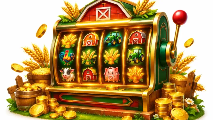 Farm-themed slot machine display with wheat, barn and farm animal symbols