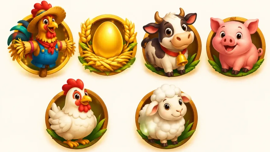 Farm-themed slot symbols including rooster wild, golden egg scatter, and farm animal icons