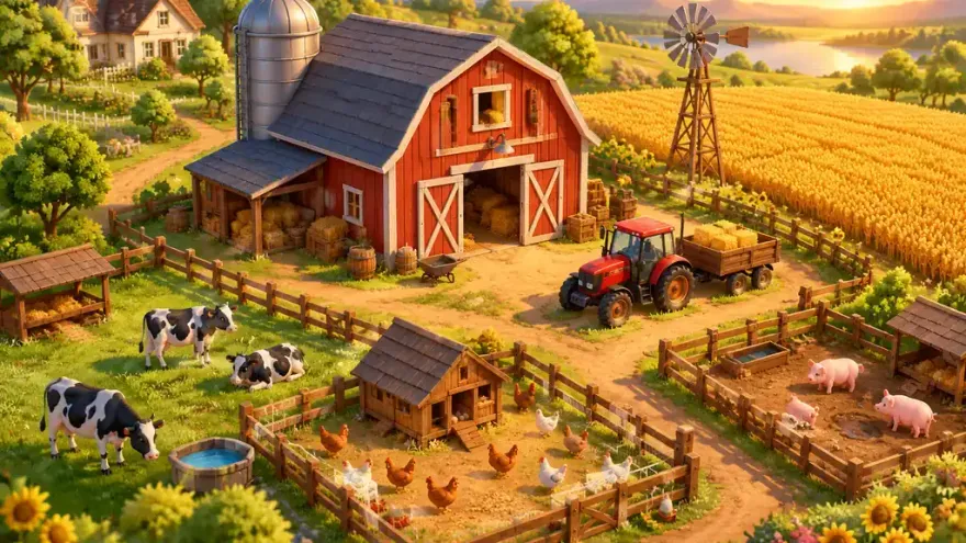 Sunny farm scene with barn, wheat fields, tractor and farm animals