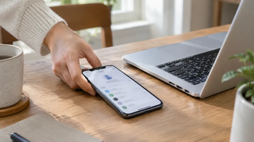 Setting down a smartphone next to a laptop at home