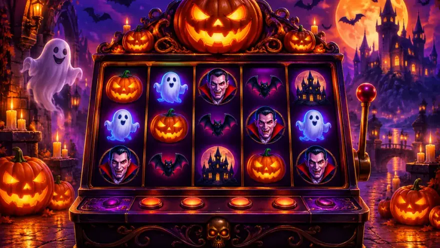 Spooky Halloween-themed slot machine with jack-o-lanterns and vampire symbols
