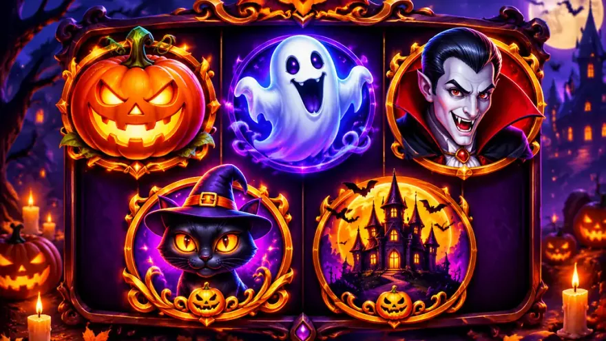 Close-up of Halloween slot symbols: pumpkin, ghost, vampire, witch cat and haunted house
