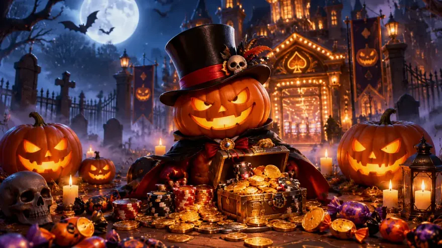 Pumpkin-headed character with a treasure chest of casino chips and gold coins