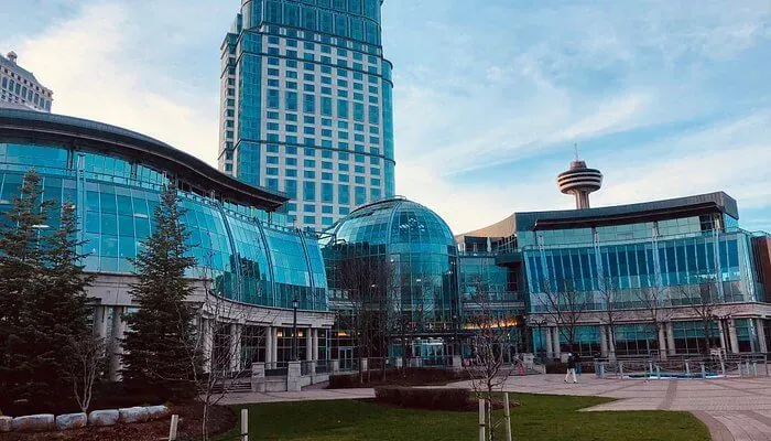 Fallsview Casino Resort's glass-domed entrance and hotel tower in Niagara Falls, Ontario