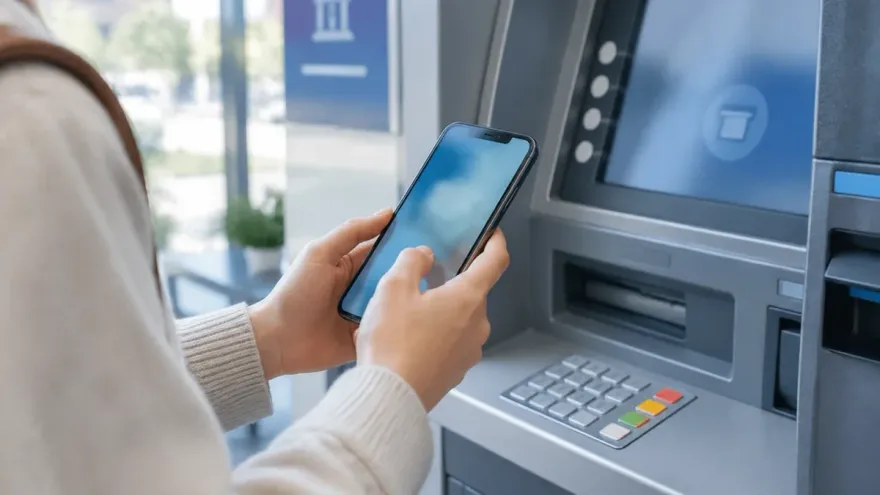 A person's hands holding a smartphone beside an ATM keypad at a bank branch
