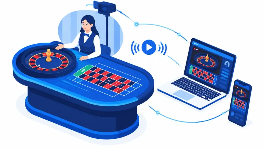 Isometric illustration of a live dealer roulette table streaming to a mobile screen