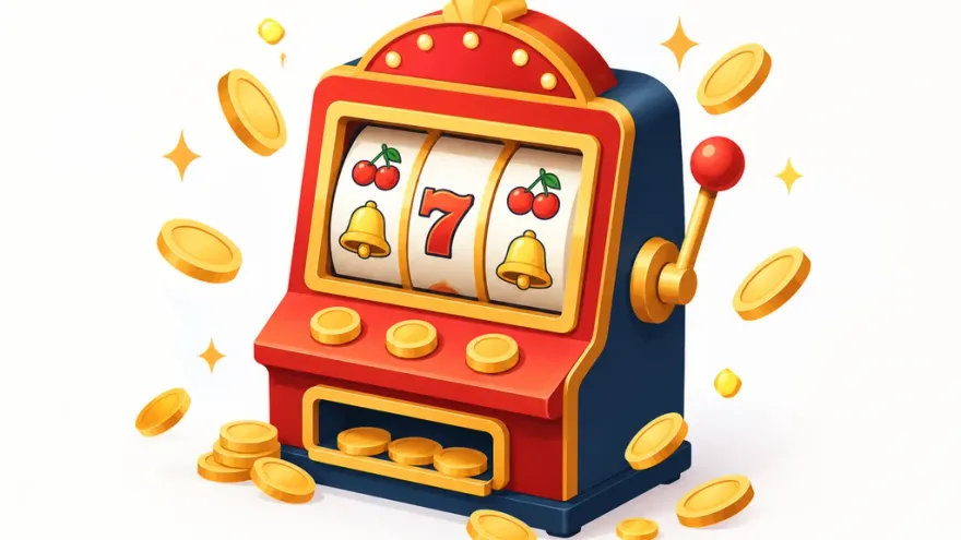Isometric red slot machine with cherries, bells and coins