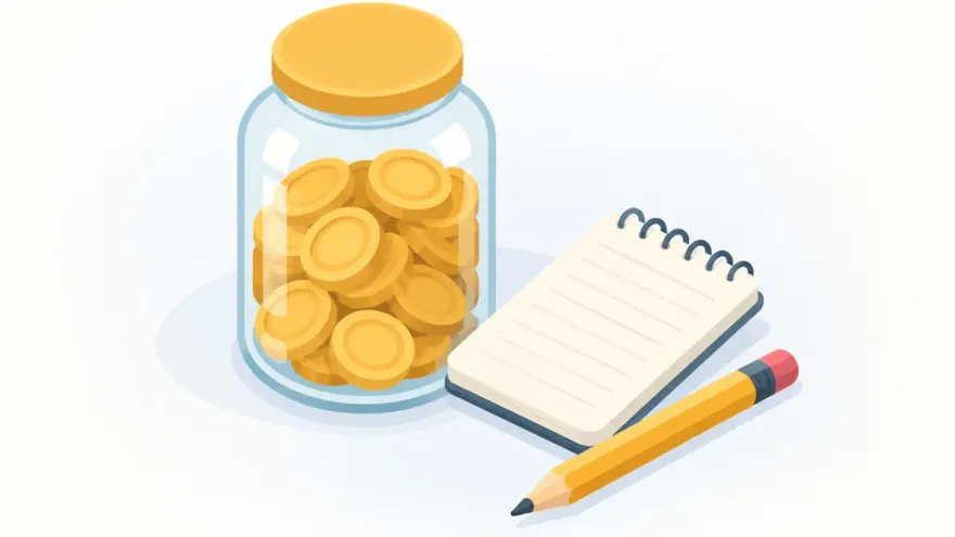 Isometric jar of gold coins beside a budget notebook