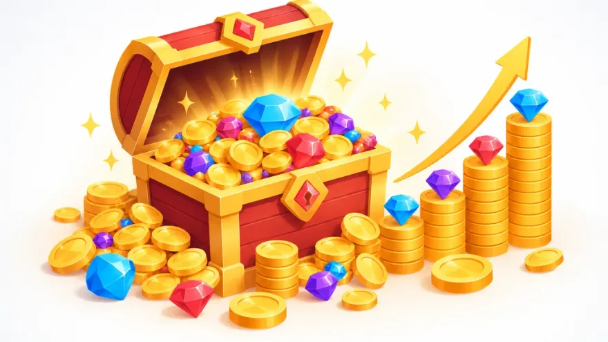 Isometric treasure chest with coins and a rising chart