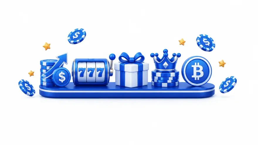 Five casino welcome bonus types illustrated: deposit match, free spins, package, high-roller, and crypto