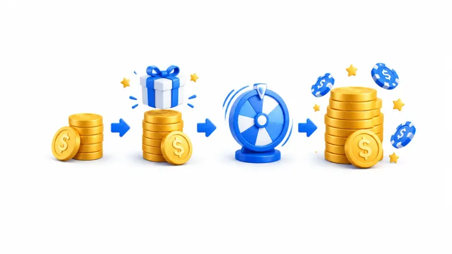 3D illustration of a casino deposit growing through a bonus match and wagering multiplier