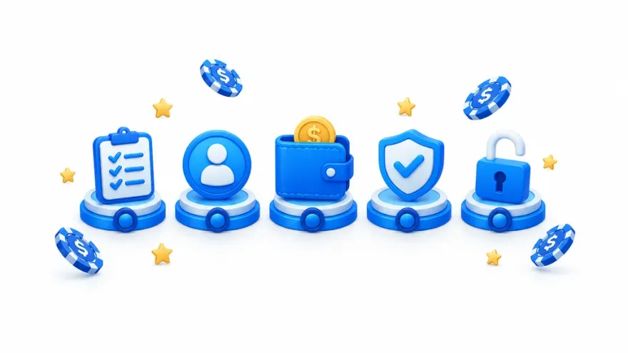 Five 3D icons showing the steps to claim and clear a casino welcome bonus