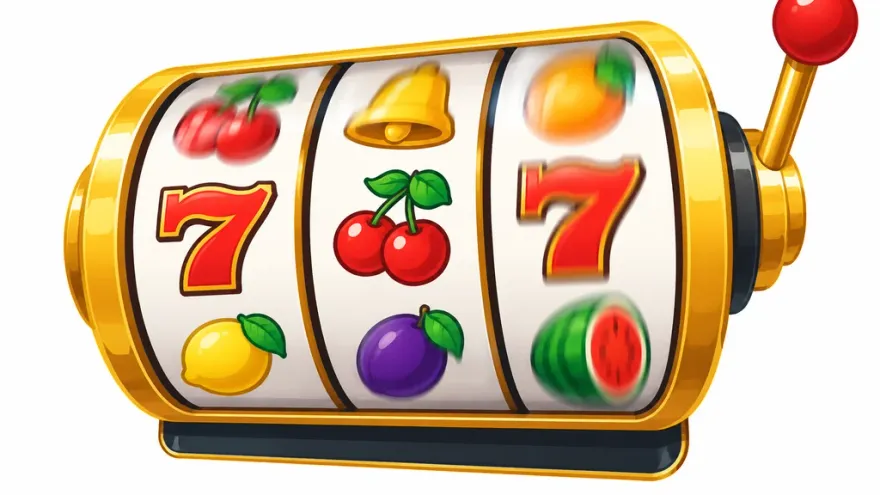 Isometric illustration of a classic slot machine reel with fruit and lucky-7 symbols
