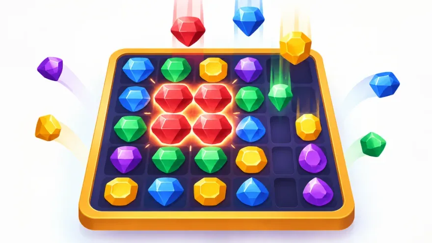 Isometric illustration of a cluster-pay slot grid with matching gem symbols grouped together