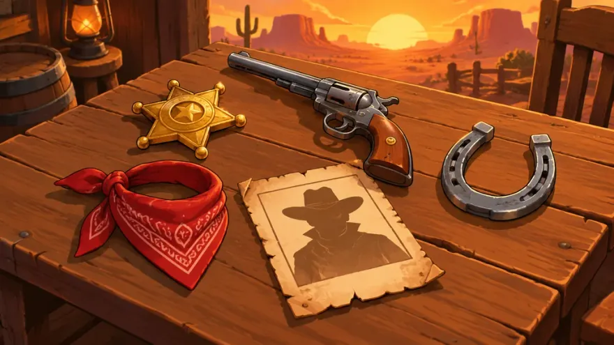 Sheriff star, revolver, bandana and horseshoe on a wooden saloon table