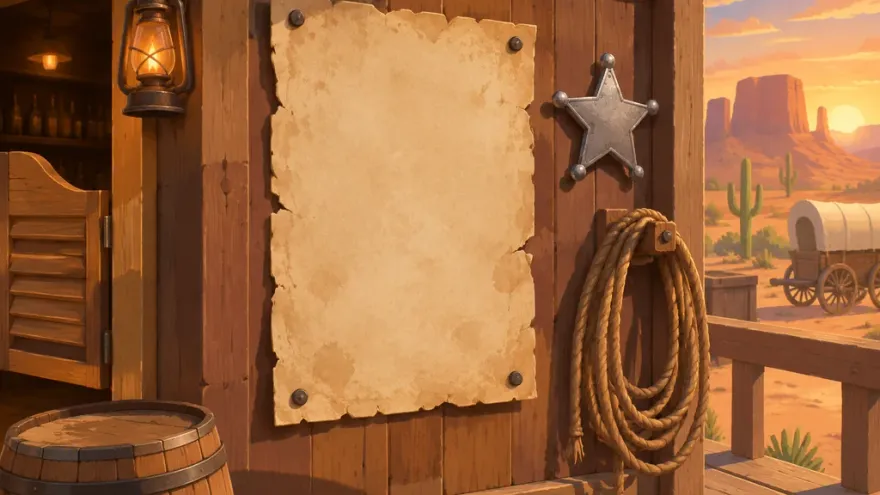Blank wanted poster and sheriff star pinned to a saloon wall