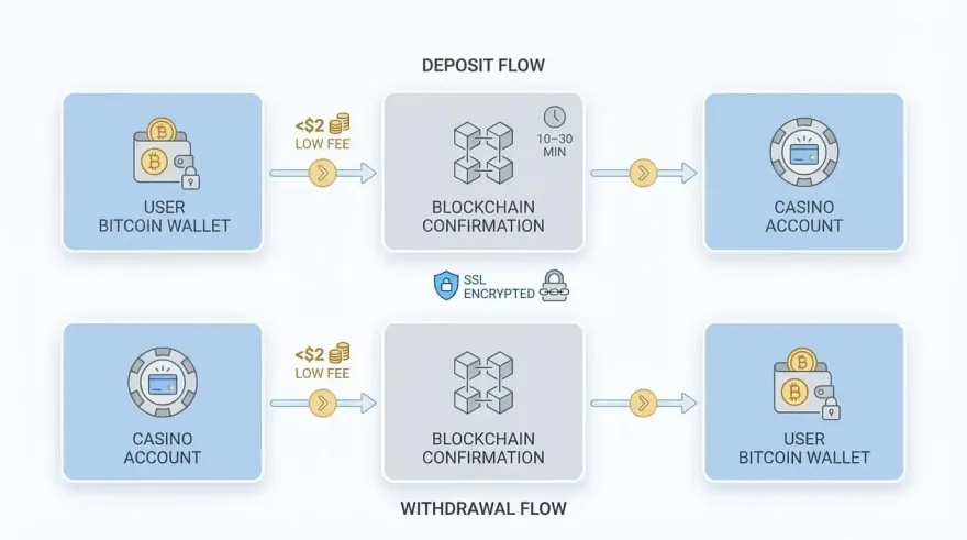 Flowchart of Bitcoin deposit and withdrawal steps between user wallet and casino account