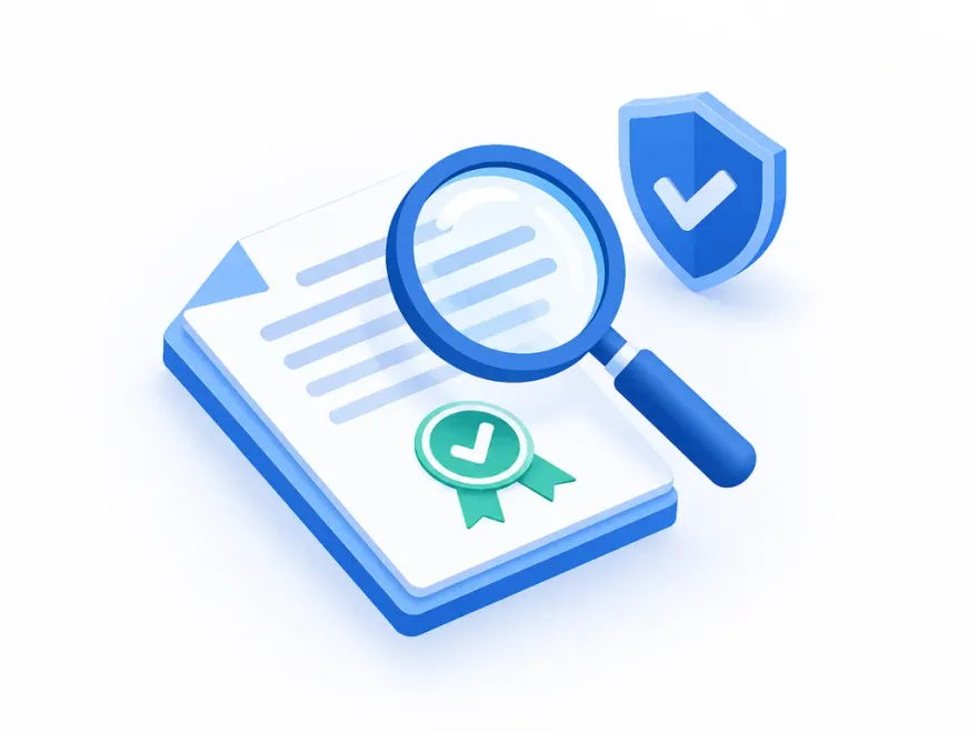 A magnifying glass examining a licence document next to a verified shield icon