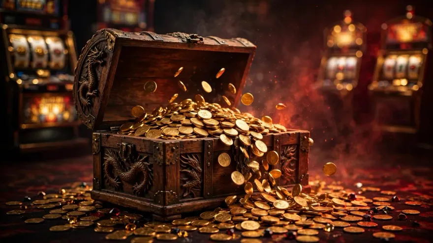 Dragon treasure chest overflowing with gold coins beside glowing slot machines