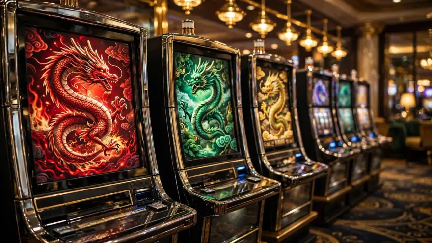 Row of glowing dragon-themed slot machines with crimson, emerald, and gold designs