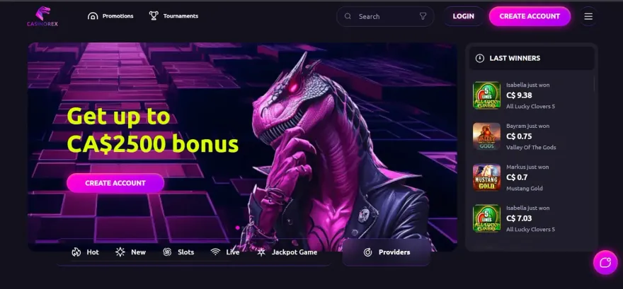 CasinoRex homepage showing a bonus up to CA$2500 and latest winners list