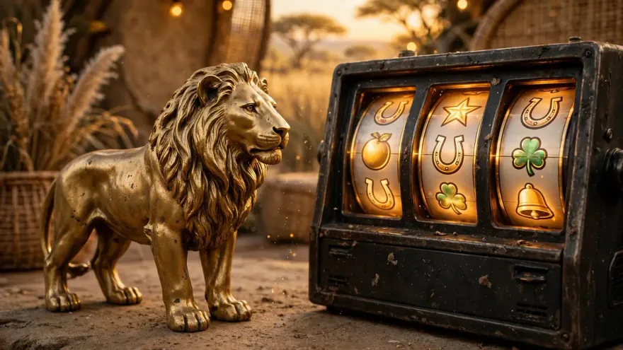 Golden lion symbol glowing on a casino slot machine reel