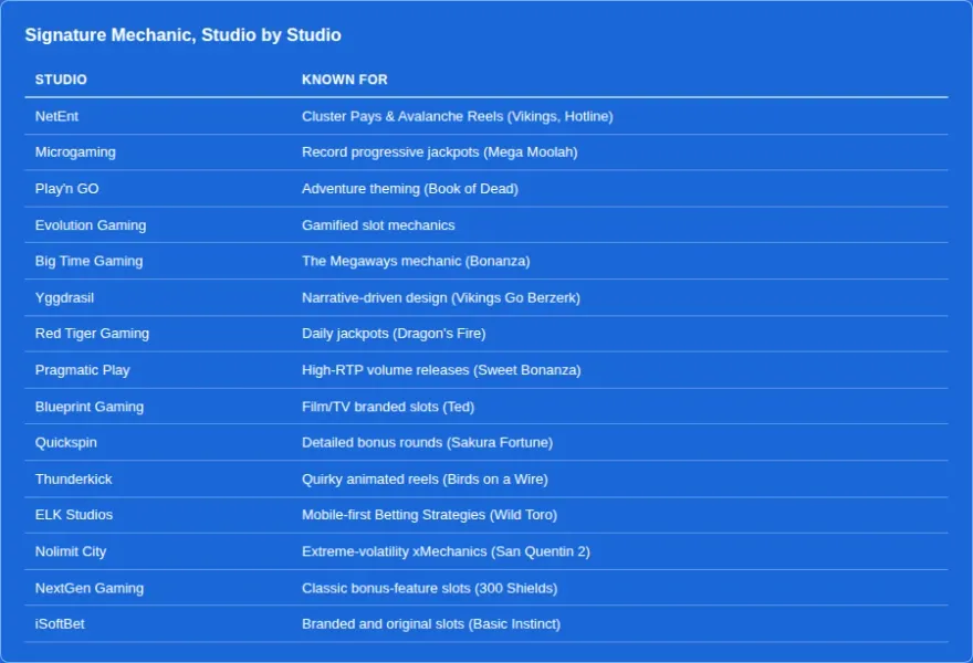 Comparison of the signature mechanic each slot studio is known for