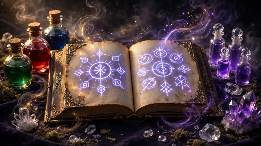 Spellbook and potion bottles for a wizard slot machines guide