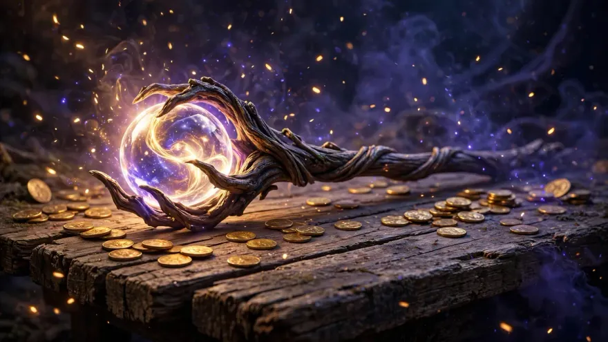 Glowing wand and gold coins illustrating wizard slot machine bankroll strategy