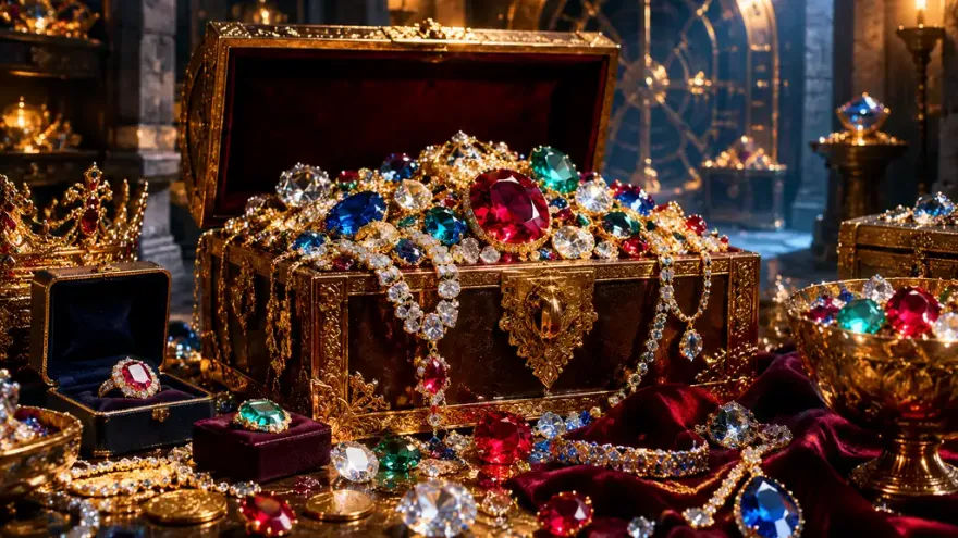 Sparkling ruby, emerald, and sapphire gemstones in a dramatic treasure chest display