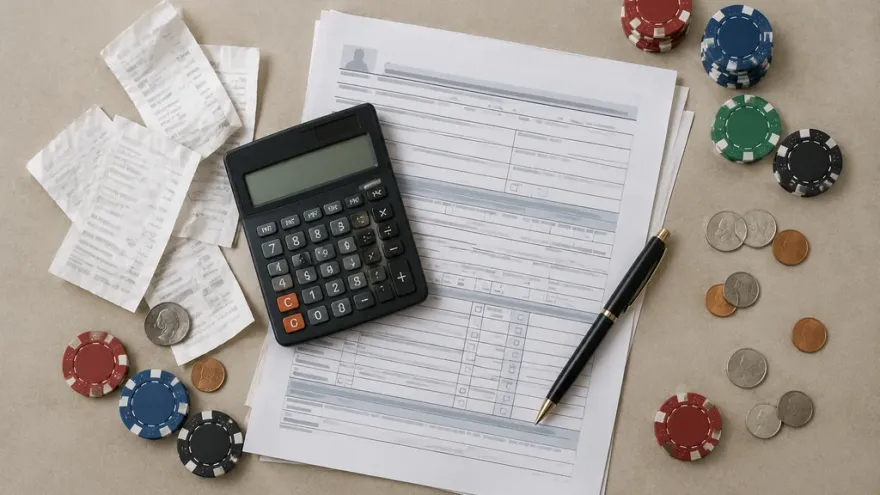 Calculator, tax documents, and poker chips representing casino winnings tax calculations