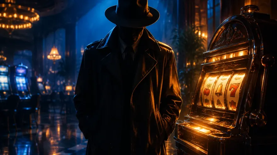 Detective slots noir scene with fedora and glowing slot machine