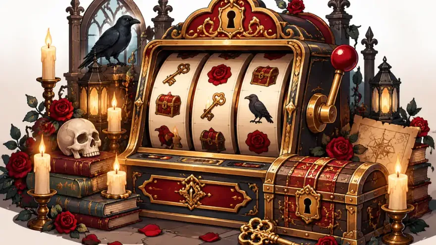 Mystery-themed slot machine reels with keys, candles, and a locked chest motif