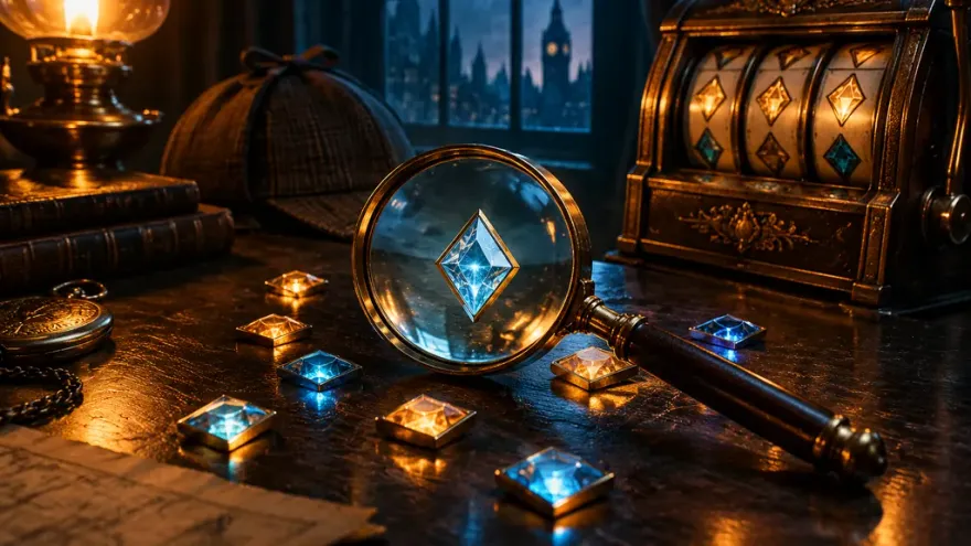 Magnifying glass over glowing detective slots clue tokens