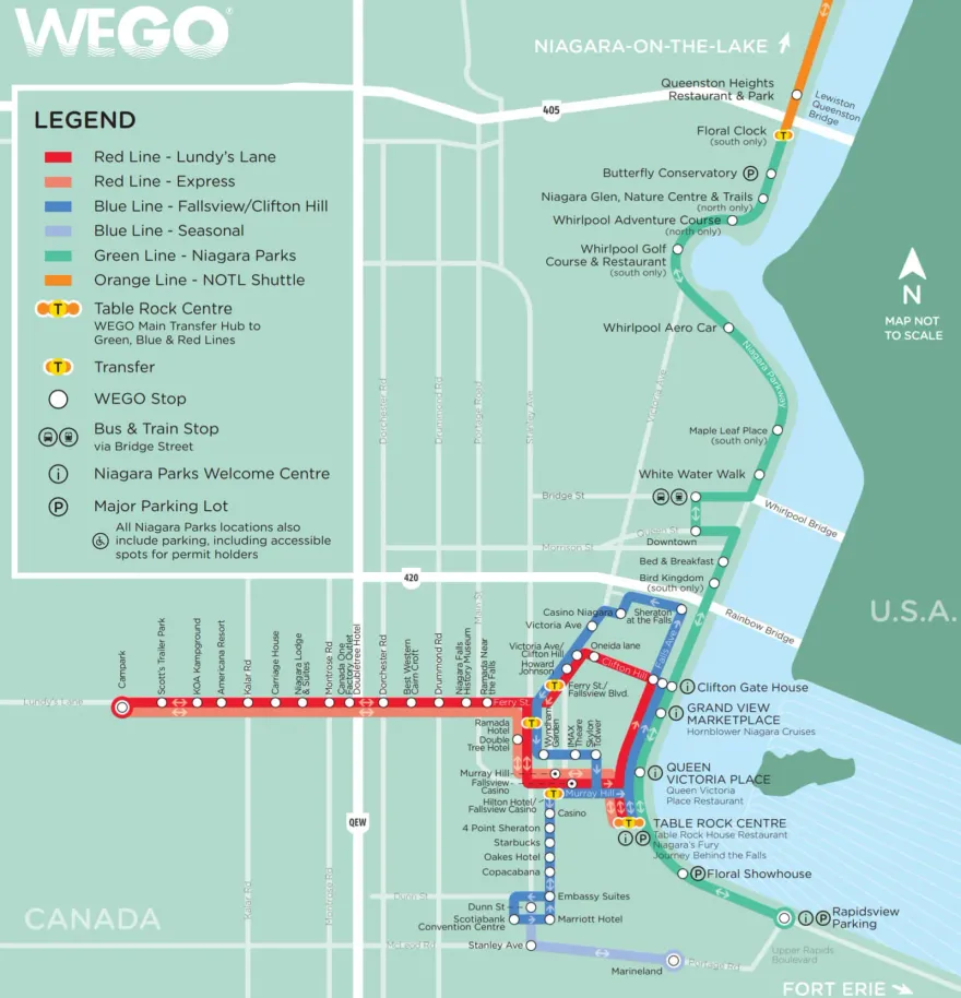 A WEGO public transit map showing Niagara Falls routes and attraction stops