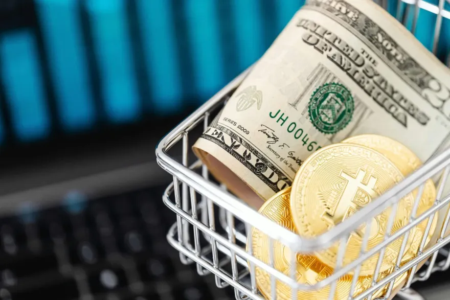 Dollar bill and gold bitcoin coins inside a small metal shopping basket