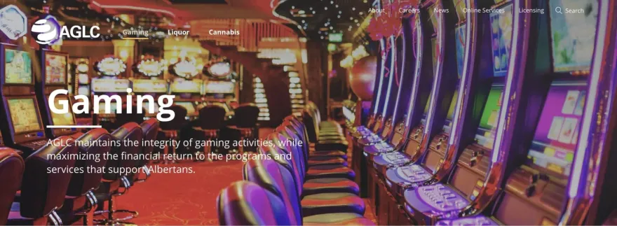 AGLC official gaming webpage showing its licensing and regulatory homepage banner