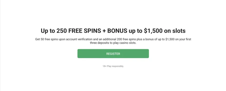 Casino promo banner offering up to 250 free spins plus a $1,500 slots bonus