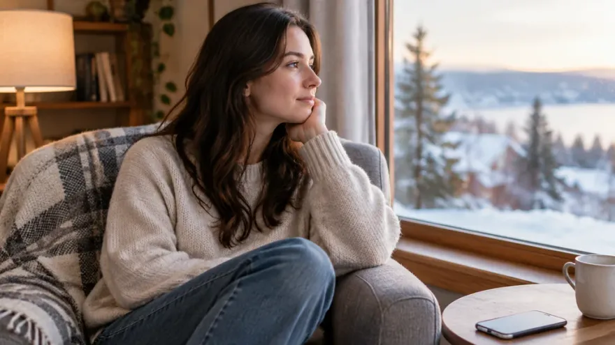 Person looking out a window in a calm home setting