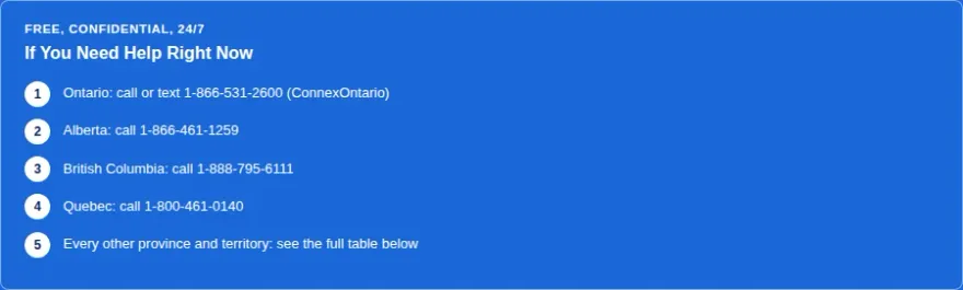 Quick-dial helpline numbers for Ontario, Alberta, BC, and Quebec