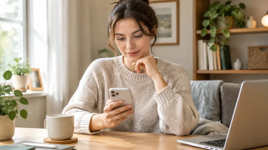 Person checking phone settings at a home desk