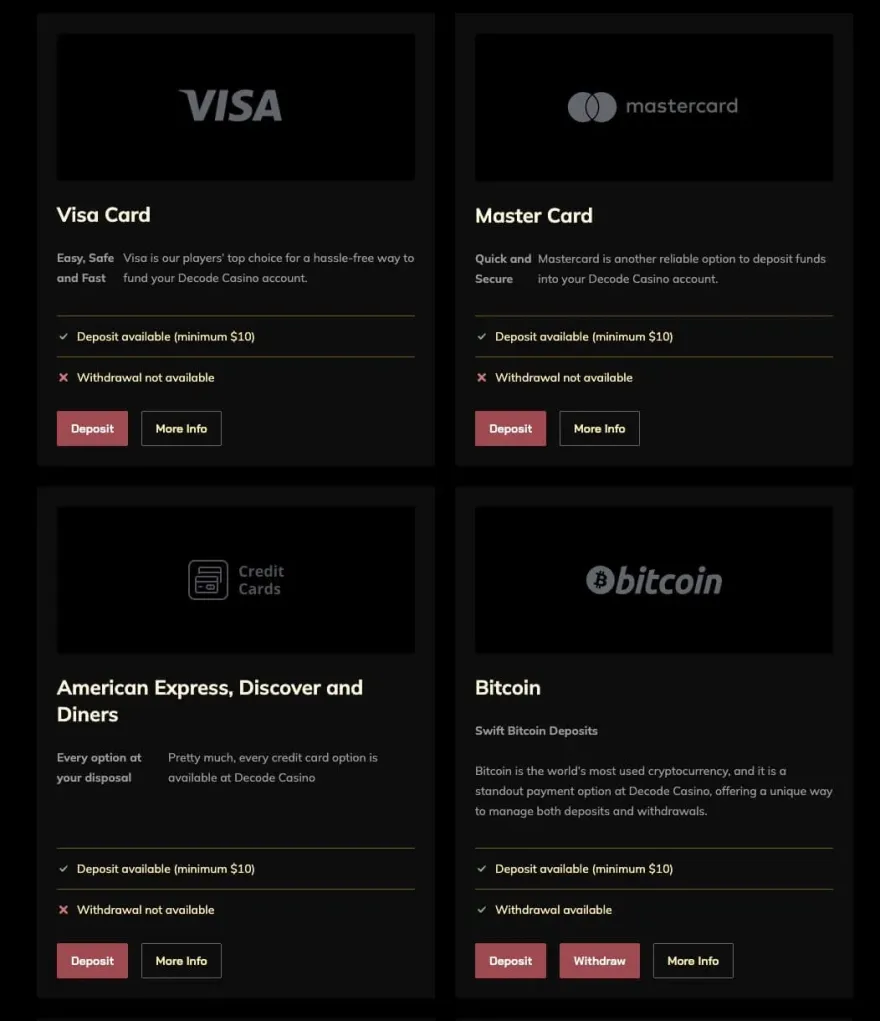 Casino cashier screen listing Visa, Mastercard, Amex and Bitcoin deposits from ten dollars