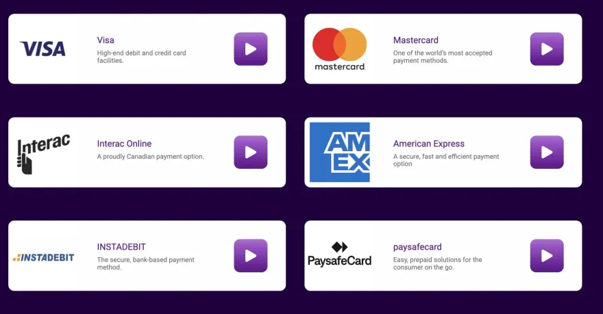 Grid of accepted casino payment methods including Visa, Mastercard, Interac, Amex and PaysafeCard