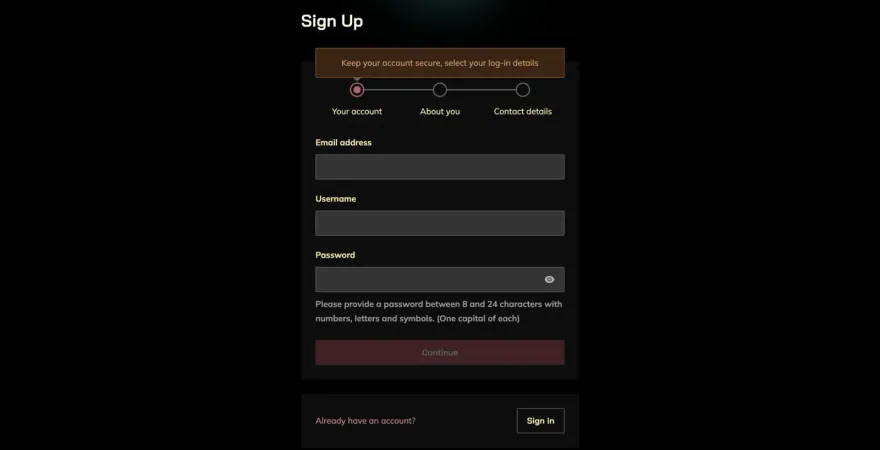 Casino sign-up form asking for email, username and password in three steps