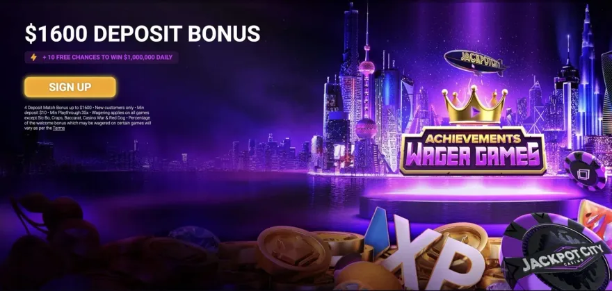 Jackpot City Casino banner advertising a $1600 deposit bonus with sign-up button