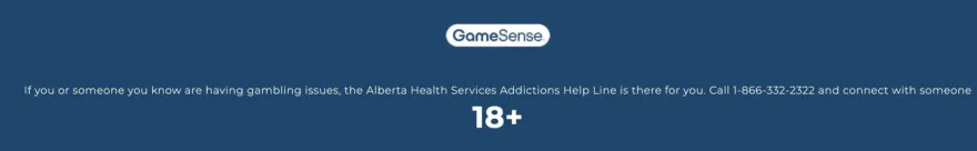 GameSense responsible gambling banner with the Alberta Health Services addictions help line number