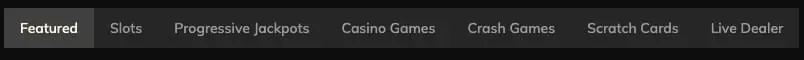 Casino lobby menu tabs for featured, slots, jackpots, casino games and crash games