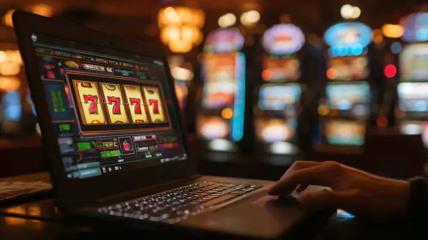 Laptop screen showing an online slot machine spin inside a casino floor