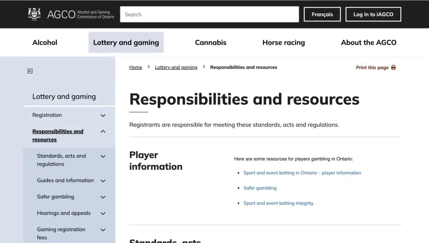 AGCO responsible gambling resources page for players in Ontario